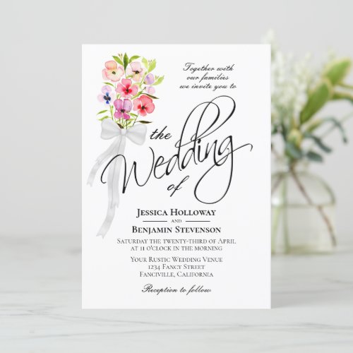 Watercolor Wildflowers Bouquet Rustic Boho Wedding Invitation