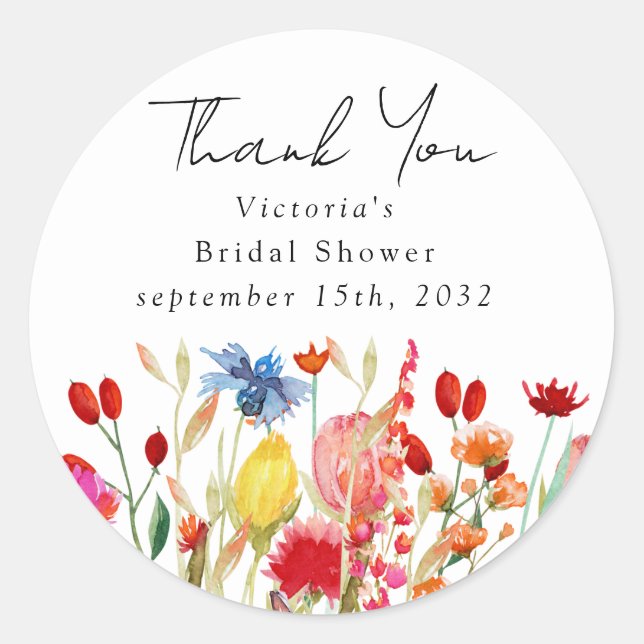 Watercolor Wildflowers Bridal Shower Classic Round Sticker (Front)