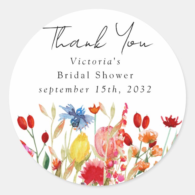 Watercolor Wildflowers Bridal Shower Classic Round Sticker (Front)