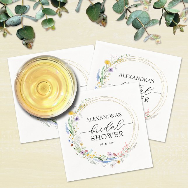 Watercolor Wildflowers Bridal Shower Napkins (Watercolor wildflowers wreath bridal shower cocktail napkins)