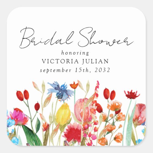Watercolor Wildflowers Bridal Shower Square Sticker