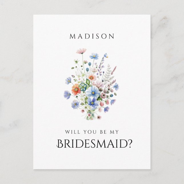 Watercolor Wildflowers Bridesmaid Proposal Postcard (Front)