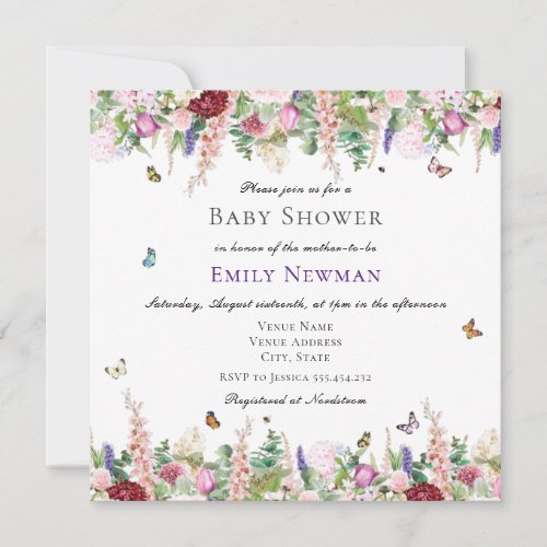 Watercolor Wildflowers  Butterflies Baby Shower Invitation