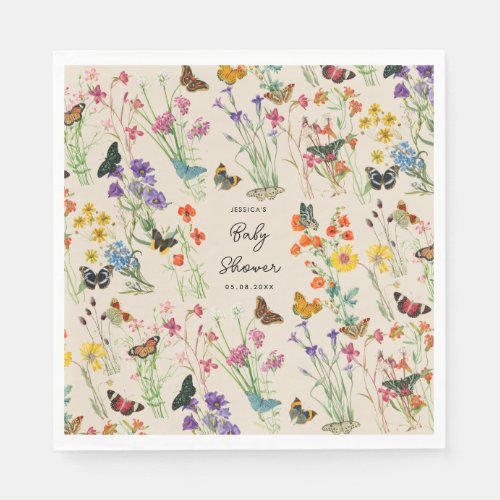 Watercolor Wildflowers Butterflies Baby Shower Napkins