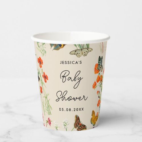 Watercolor Wildflowers Butterflies Baby Shower Paper Cups