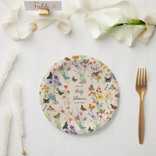 Watercolor Wildflowers Butterflies Baby Shower Paper Plates