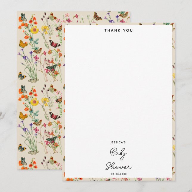 Watercolor Wildflowers Butterflies Baby Shower Thank You Card (Front/Back)