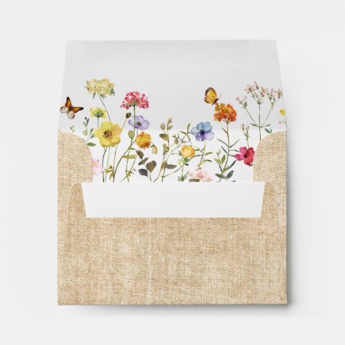 Watercolor Wildflowers  Butterflies Burlap RSVP Envelope