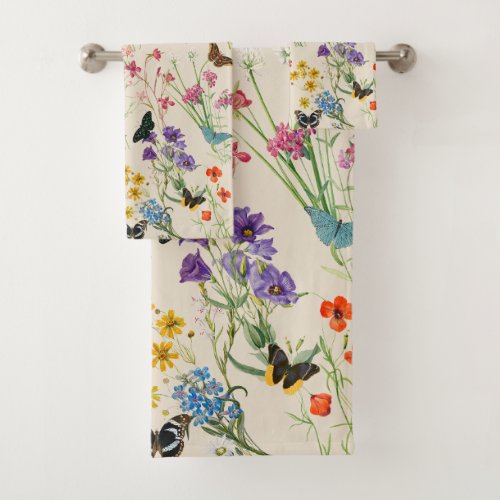 Watercolor Wildflowers  Butterflies Floral Garden Bath Towel Set