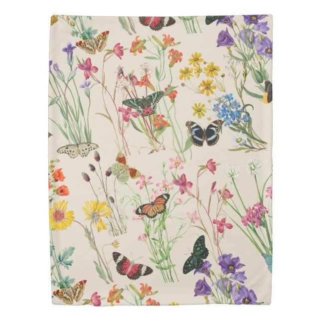 Watercolor Wildflowers & Butterflies Floral Garden Duvet Cover (Front)