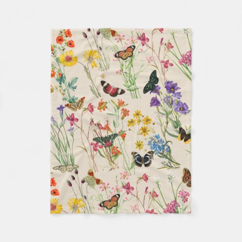 Watercolor Wildflowers  Butterflies Floral Garden Fleece Blanket