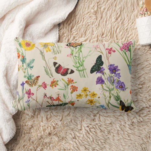 Watercolor Wildflowers  Butterflies Floral Garden Lumbar Pillow
