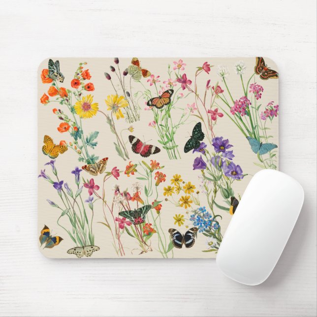 Watercolor Wildflowers & Butterflies Floral Garden Mouse Pad (With Mouse)