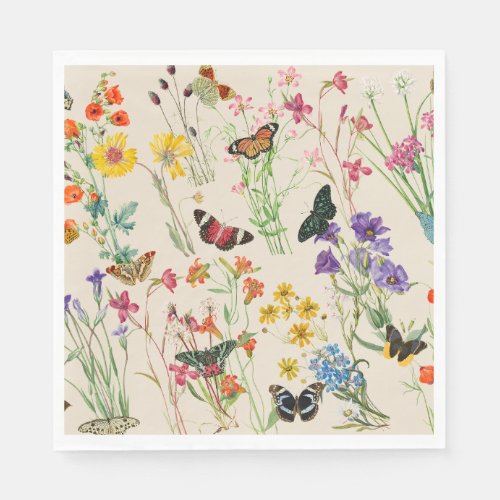 Watercolor Wildflowers  Butterflies Floral Garden Napkins