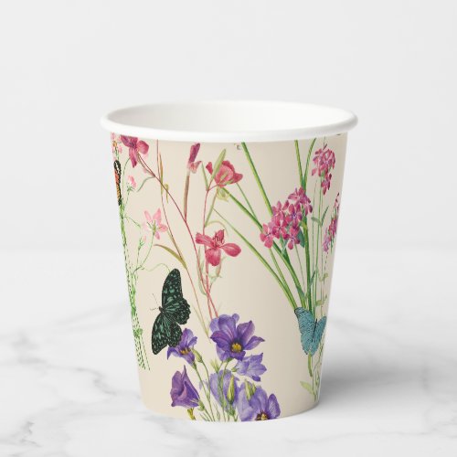 Watercolor Wildflowers  Butterflies Floral Garden Paper Cups