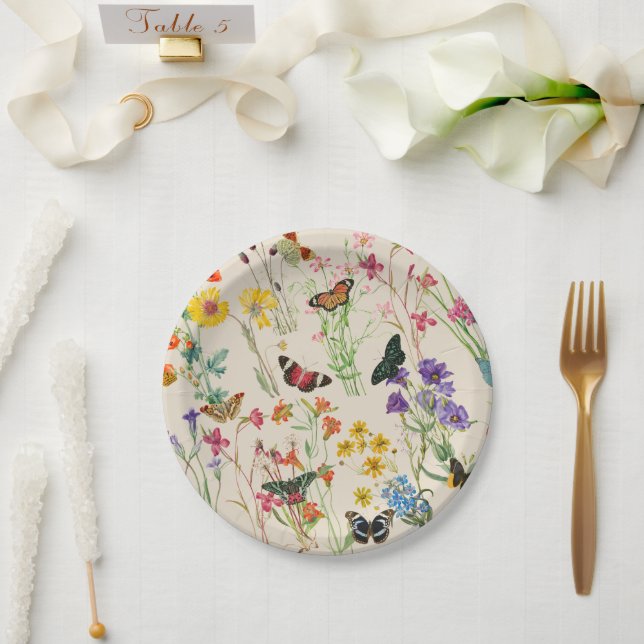 Watercolor Wildflowers & Butterflies Floral Garden Paper Plates (Wedding)
