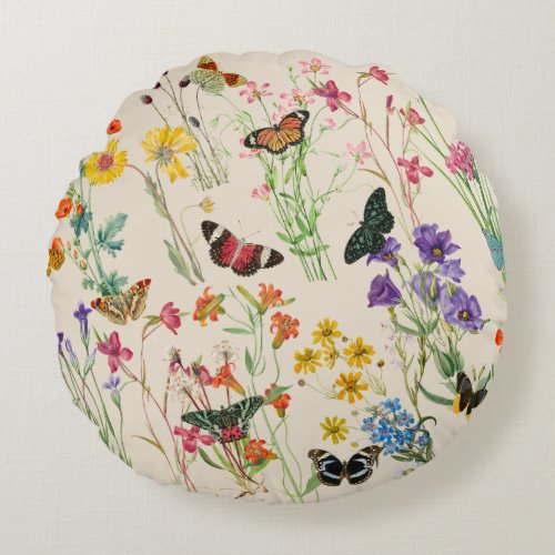 Watercolor Wildflowers  Butterflies Floral Garden Round Pillow