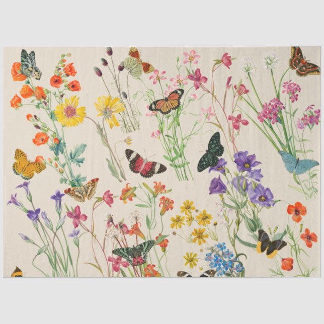 Watercolor Wildflowers & Butterflies Floral Garden Tissue Paper (Front)