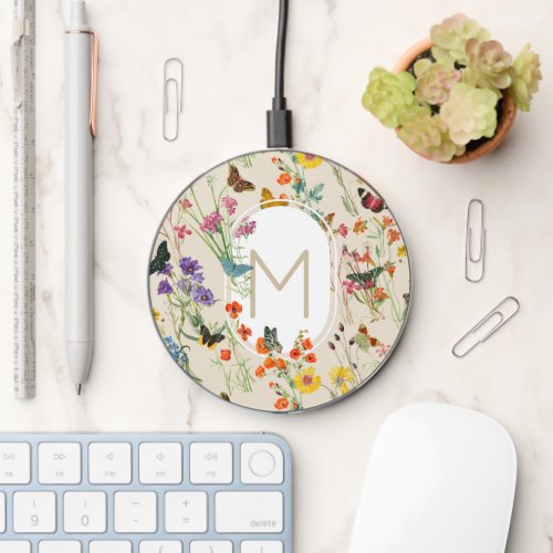 Watercolor Wildflowers  Butterflies Floral Garden Wireless Charger