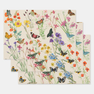 Watercolor Wildflowers & Butterflies Floral Garden Wrapping Paper Sheets