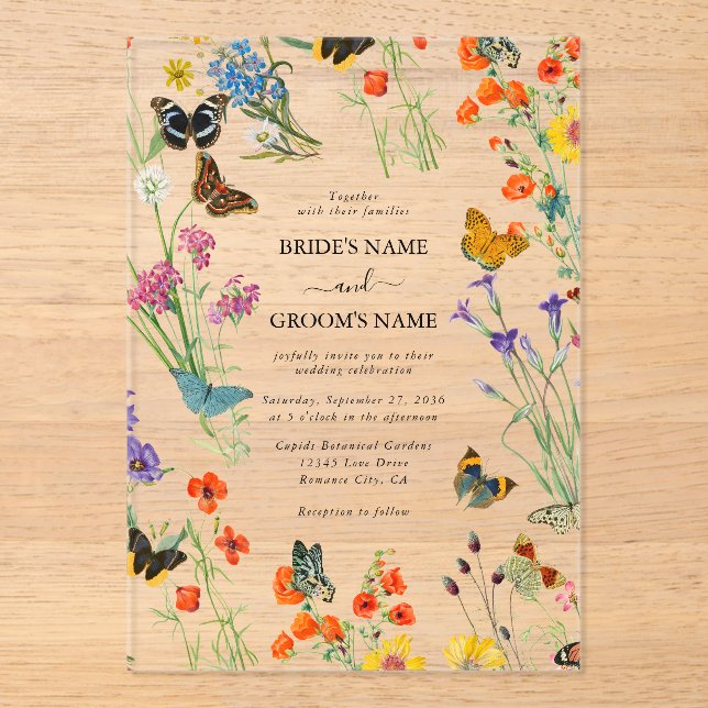 Watercolor Wildflowers Butterflies Floral Wedding Acrylic Invitations (Front)