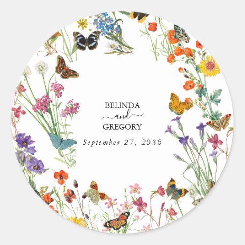 Watercolor Wildflowers Butterflies Floral Wedding Classic Round Sticker