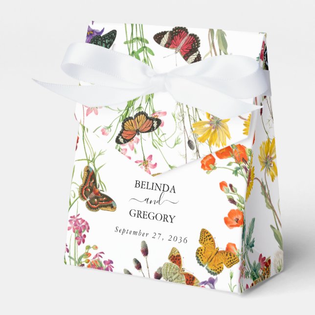 Watercolor Wildflowers Butterflies Floral Wedding Favor Boxes (Front Side)