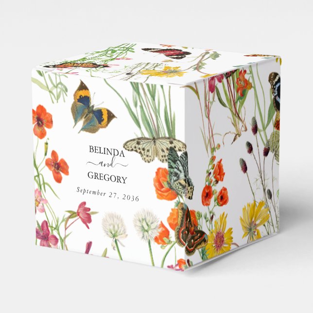 Watercolor Wildflowers Butterflies Floral Wedding Favor Boxes (Front Side)