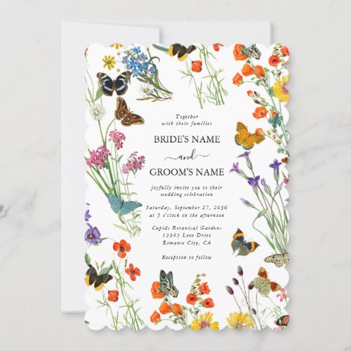 Watercolor Wildflowers Butterflies Floral Wedding Invitation