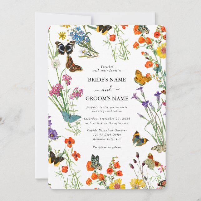 Watercolor Wildflowers Butterflies Floral Wedding Invitation (Front)