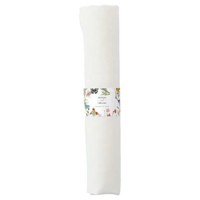 Watercolor Wildflowers Butterflies Floral Wedding Napkin Bands (Front)