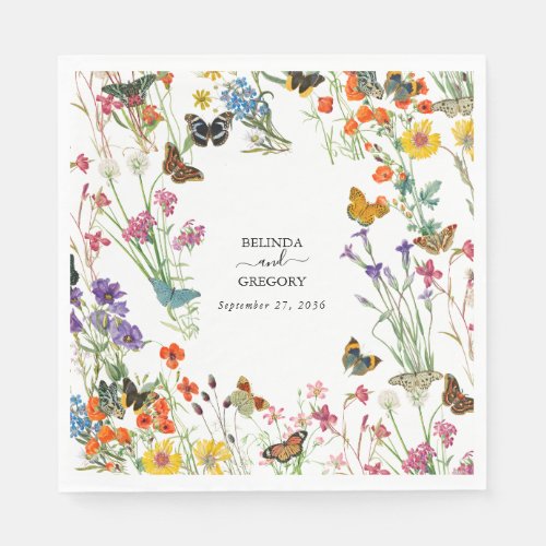 Watercolor Wildflowers Butterflies Floral Wedding Napkins