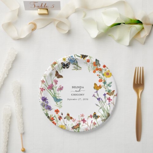 Watercolor Wildflowers Butterflies Floral Wedding Paper Plates