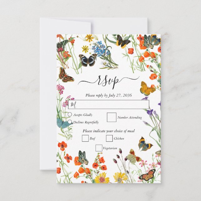 Watercolor Wildflowers Butterflies Floral Wedding RSVP Card (Front)