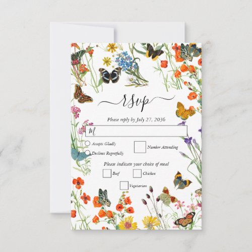 Watercolor Wildflowers Butterflies Floral Wedding RSVP Card