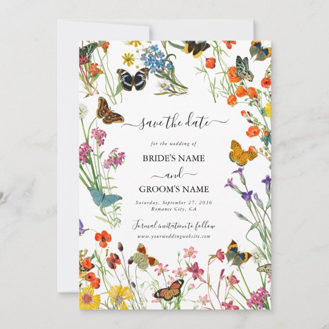 Watercolor Wildflowers Butterflies Floral Wedding Save The Date (Front)