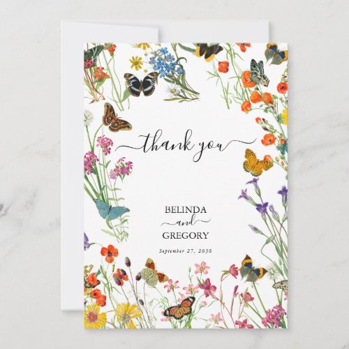Watercolor Wildflowers Butterflies Floral Wedding Thank You Card