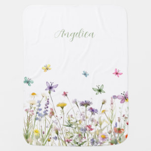 Watercolor wildflowers Butterflies Name Baby Blanket