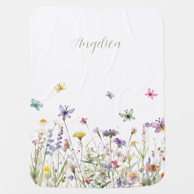Watercolor wildflowers Butterflies Name Baby Blanket (Front)