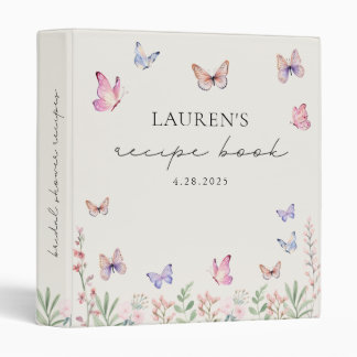 Watercolor Wildflowers Butterfly Bridal Recipe 3 Ring Binder