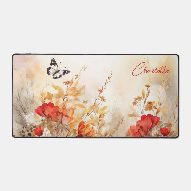 Watercolor Wildflowers Butterfly Personalized Name Desk Mat (Front)