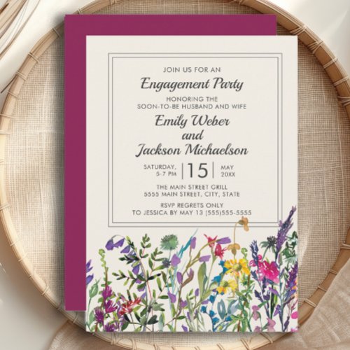 Watercolor Wildflowers Cream Purple Engagement Invitation