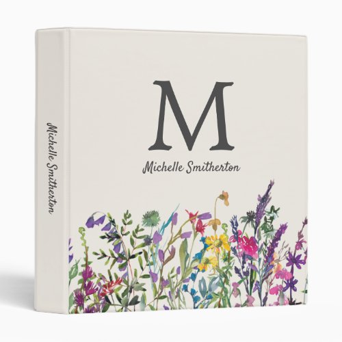 Watercolor Wildflowers Cream Purple Monogram 3 Ring Binder