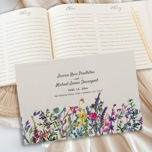 Watercolor Wildflowers Cream Purple Wedding  Guest Book