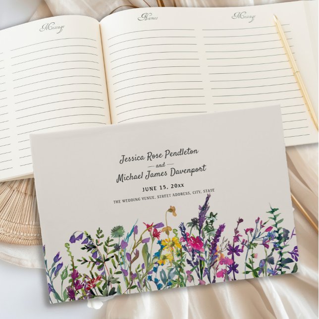 Watercolor Wildflowers Cream Purple Wedding  Guest Book (Watercolor wildflowers wedding guestbook)