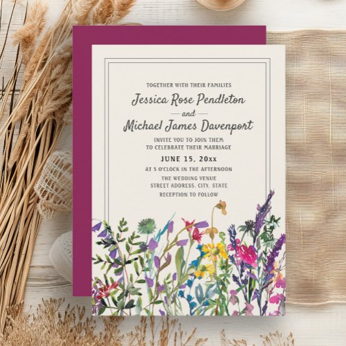 Watercolor Wildflowers Cream Purple Wedding Invitation