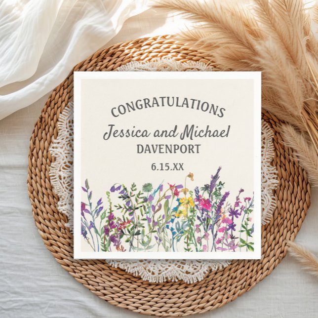 Watercolor Wildflowers Cream Wedding Napkins (Custom watercolor wildflowers wedding/engagement paper napkins)
