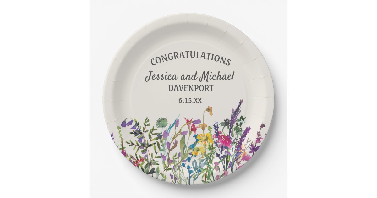 Watercolor Wildflowers Cream Wedding Paper Plates Zazzle
