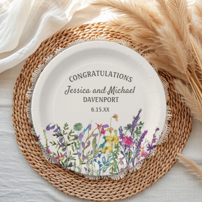 Watercolor Wildflowers Cream Wedding  Paper Plates (Custom watercolor wildflowers wedding/engagement paper plates)
