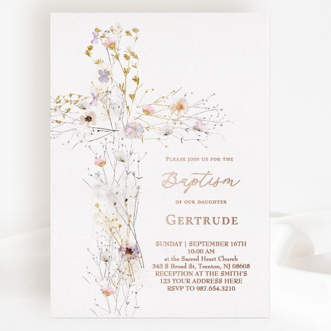 watercolor wildflowers cross Baptism Invitation Foil Invitation (Creator Uploaded)